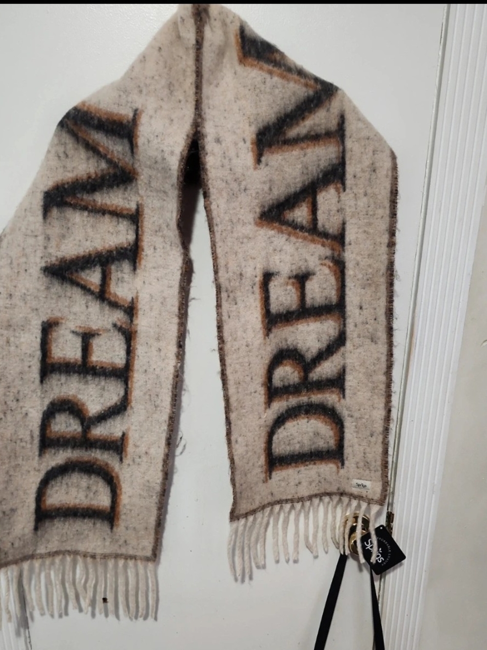 Dream Text Wool Blend Fringe Scarf - Beige/Black By Sprigs